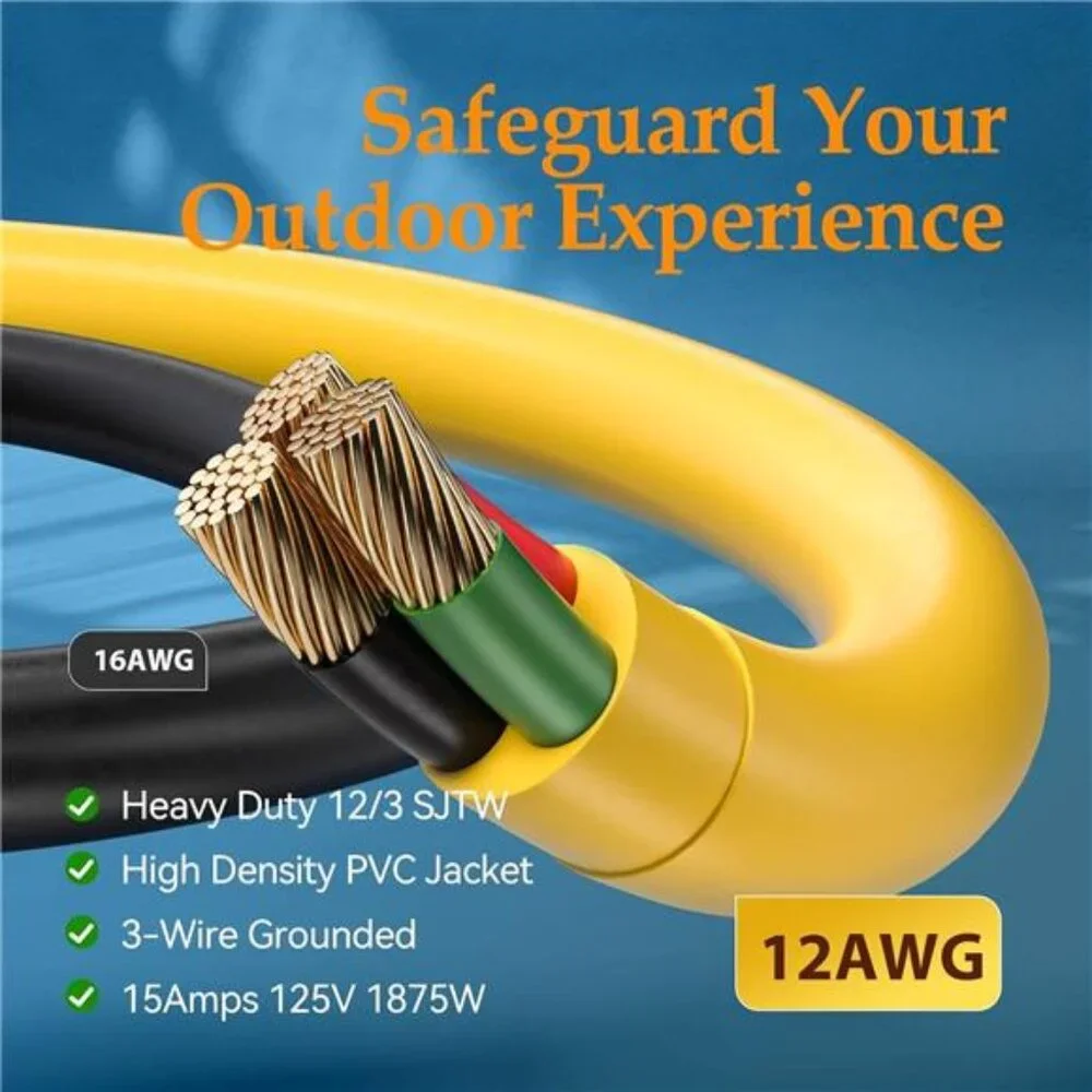 Outdoor Extension Cord 100 FT Waterproof, 12/3 SJTW Heavy Duty 15A 1875W